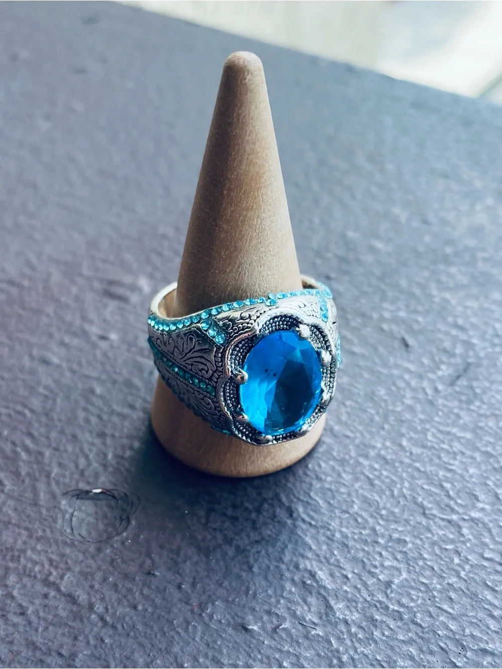 Aquamarine Cubic-Zirconium Stone Stainless Steel Statement Ring Size 10